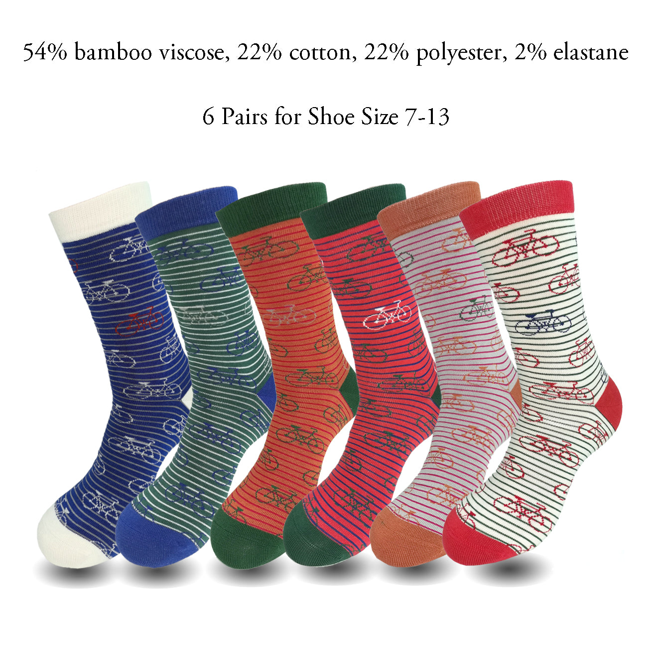 Lavencious Premium Soft and Comfort Bamboo Crew Socks for Men Shoe Size 7-13, 6 Pairs (Bicycle Striped)