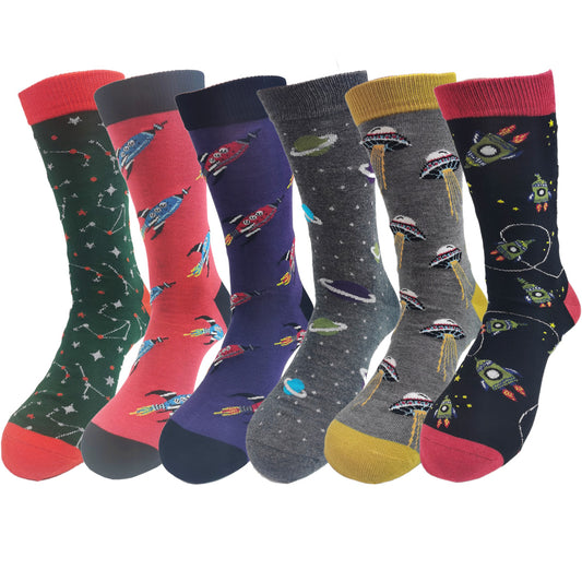 Lavencious Novelty Space Rocket Soft Bamboo Fiber Casual Crew Socks for Men Shoe Size 7-13, 6 Pairs (Space and Rocket)