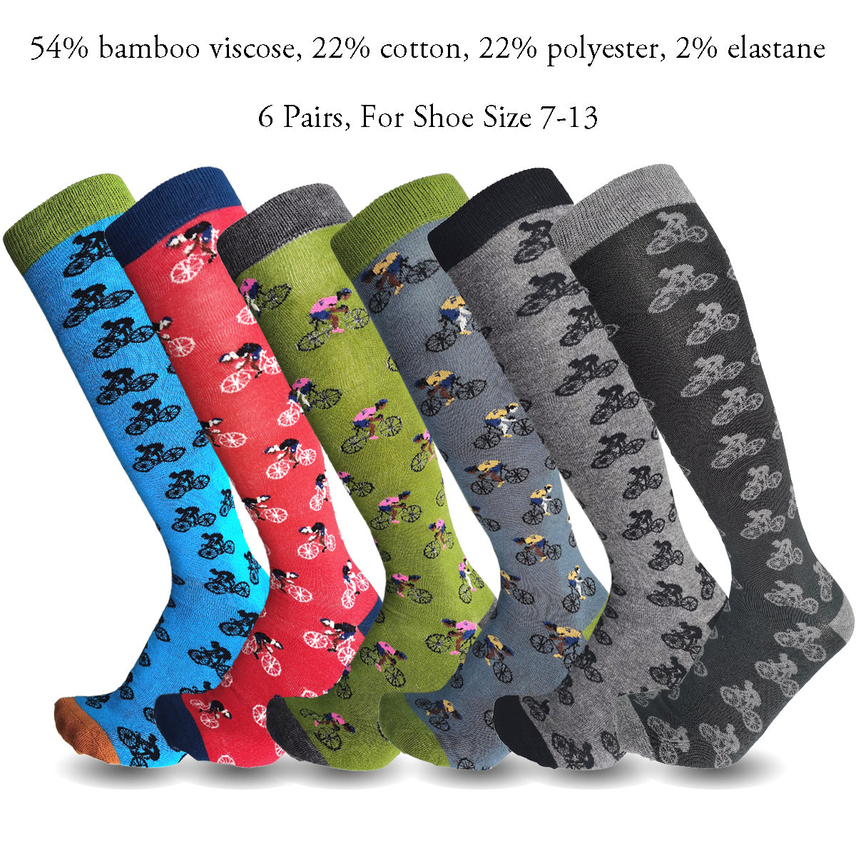 Lavencious Premium Soft and Comfort Bamboo Fiber Knee High Athletic Socks for Men Shoe Size 7-13 - 6 Pairs (Bicycle Pattern)