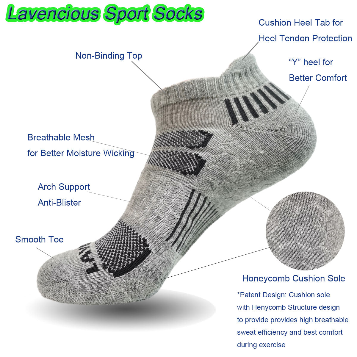 Lavencious Cushioned Low Cut Sport Ankle Athletic Socks for Men, 6 Pairs, Fit Men Shoe Size 7-13