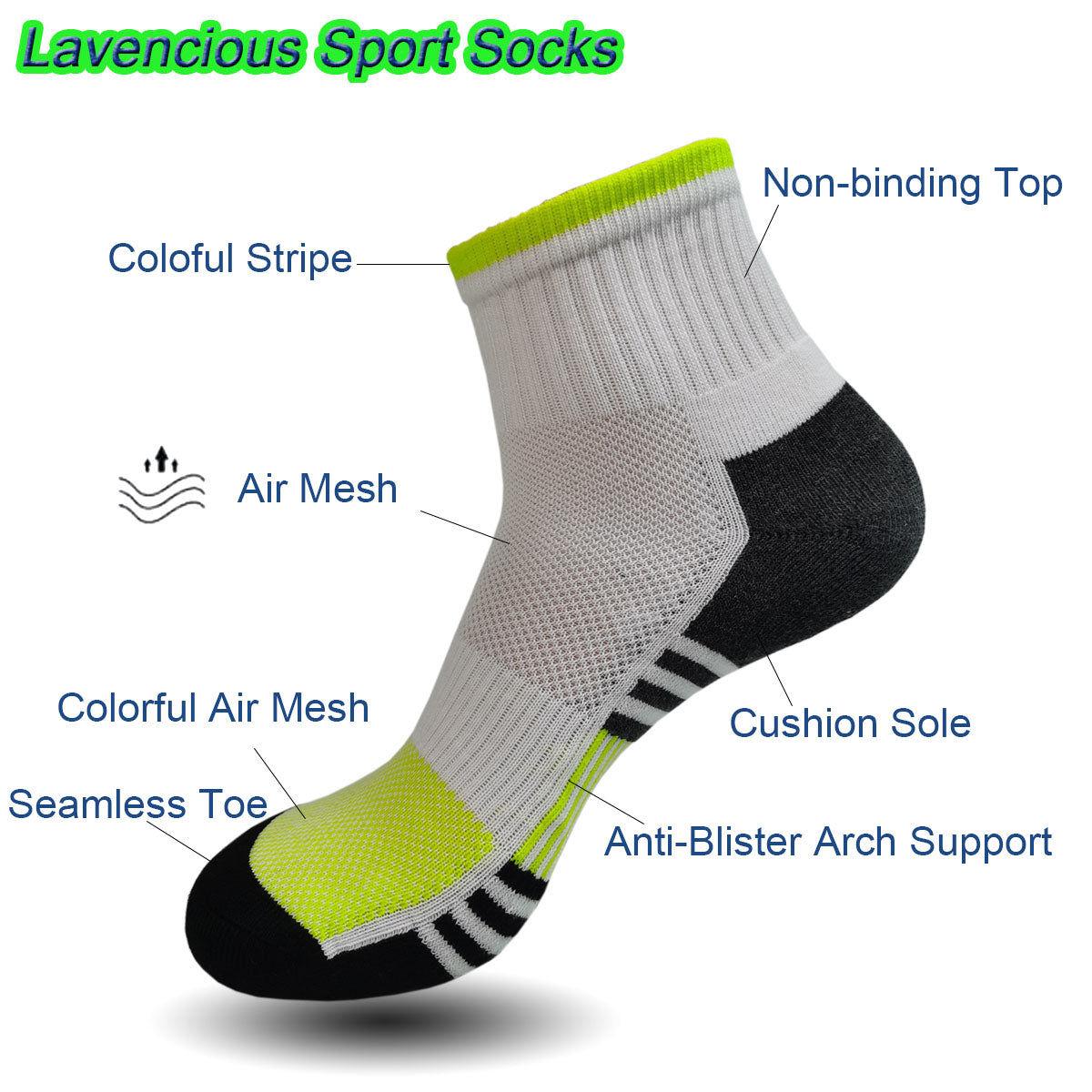 Lavencious Cushioned Sport Ankle Athletic Socks for Men, 6 Pairs, Fit Men Shoe Size 7-13(Multi-Color)