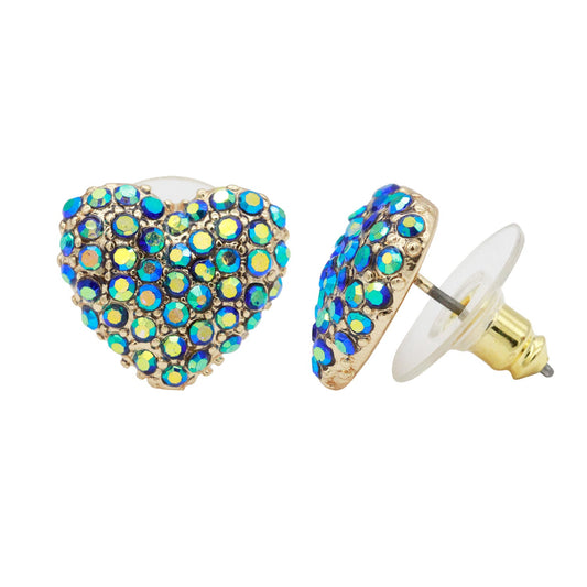 Gold Plated Heart Shape Stud Earring Paved with Blue AB Crystal