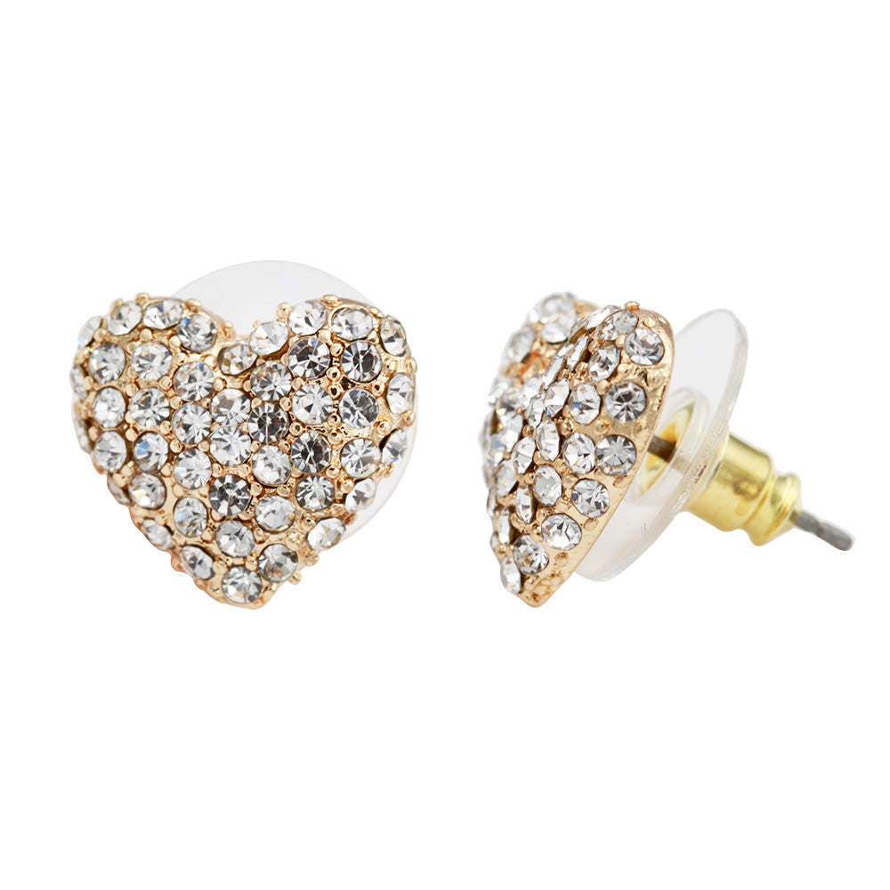 Gold Plated Heart Shape Stud Earring Paved with Clear Crystal