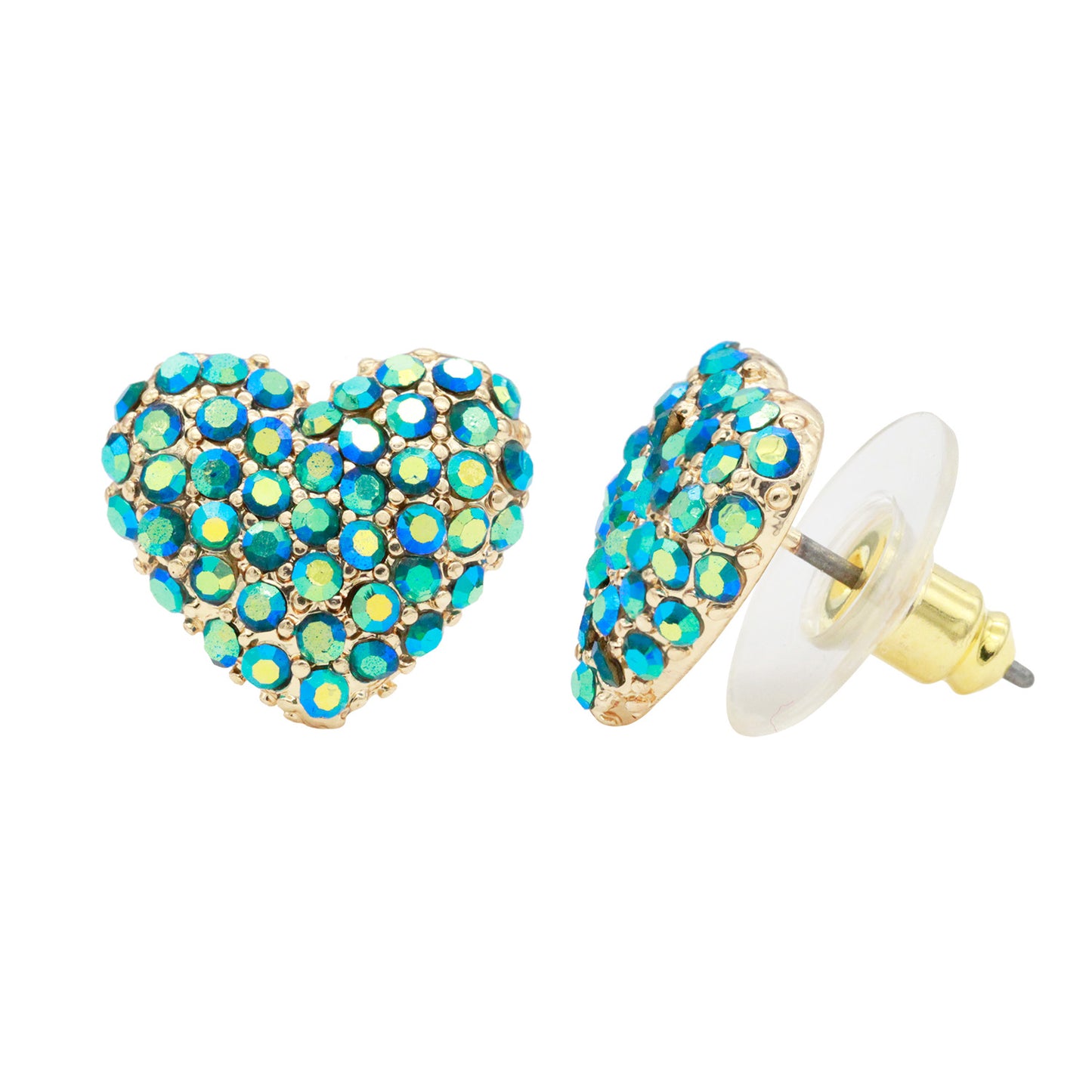 Gold Plated Heart Shape Stud Earring Paved with Green AB Crystal