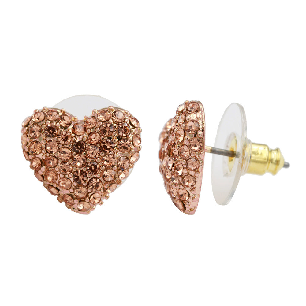Gold Plated Heart Shape Stud Earring Paved with Peach Crystal