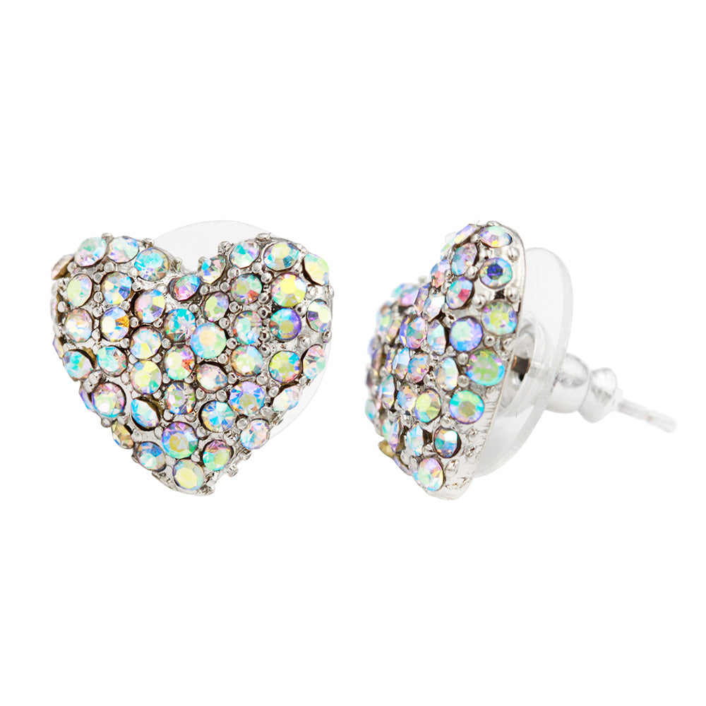 Rhodium Plated Heart Shape Stud Earring Paved with Clear AB Crystal