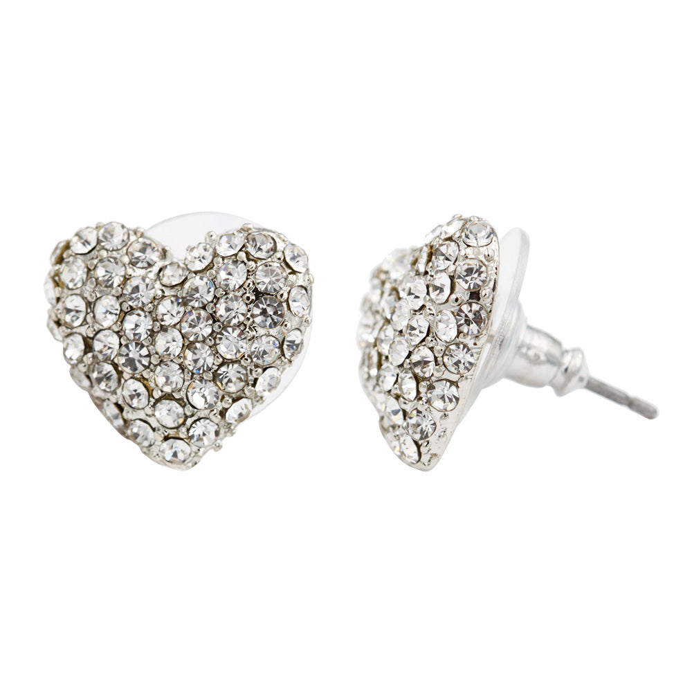 Rhodium Plated Heart Shape Stud Earring Paved with Clear Crystal