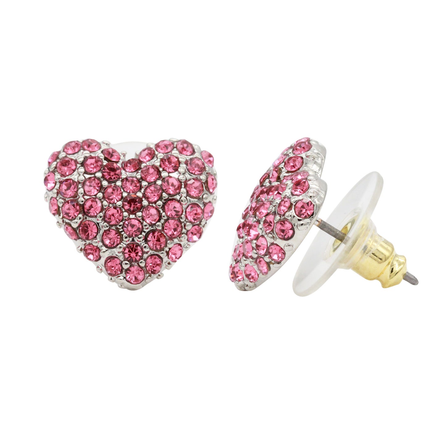 Rhodium Plated Heart Shape Stud Earring Paved with Pink Crystal