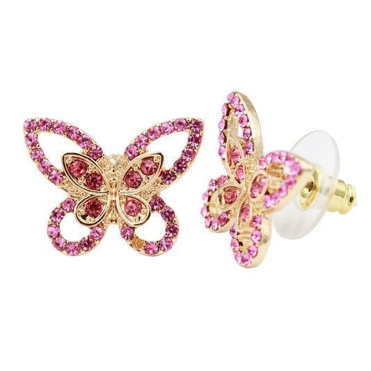 Gold Plated Butterfly Stud Earrings with Pink Crystal