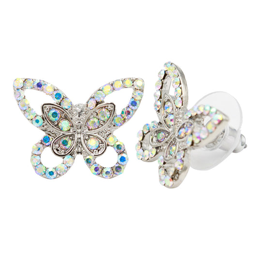 Rhodium Plated Butterfly Stud Earrings with Clear AB Crystal
