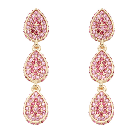 Gold Plated Water Drop Dangle Earring Paved with Pink Crystal