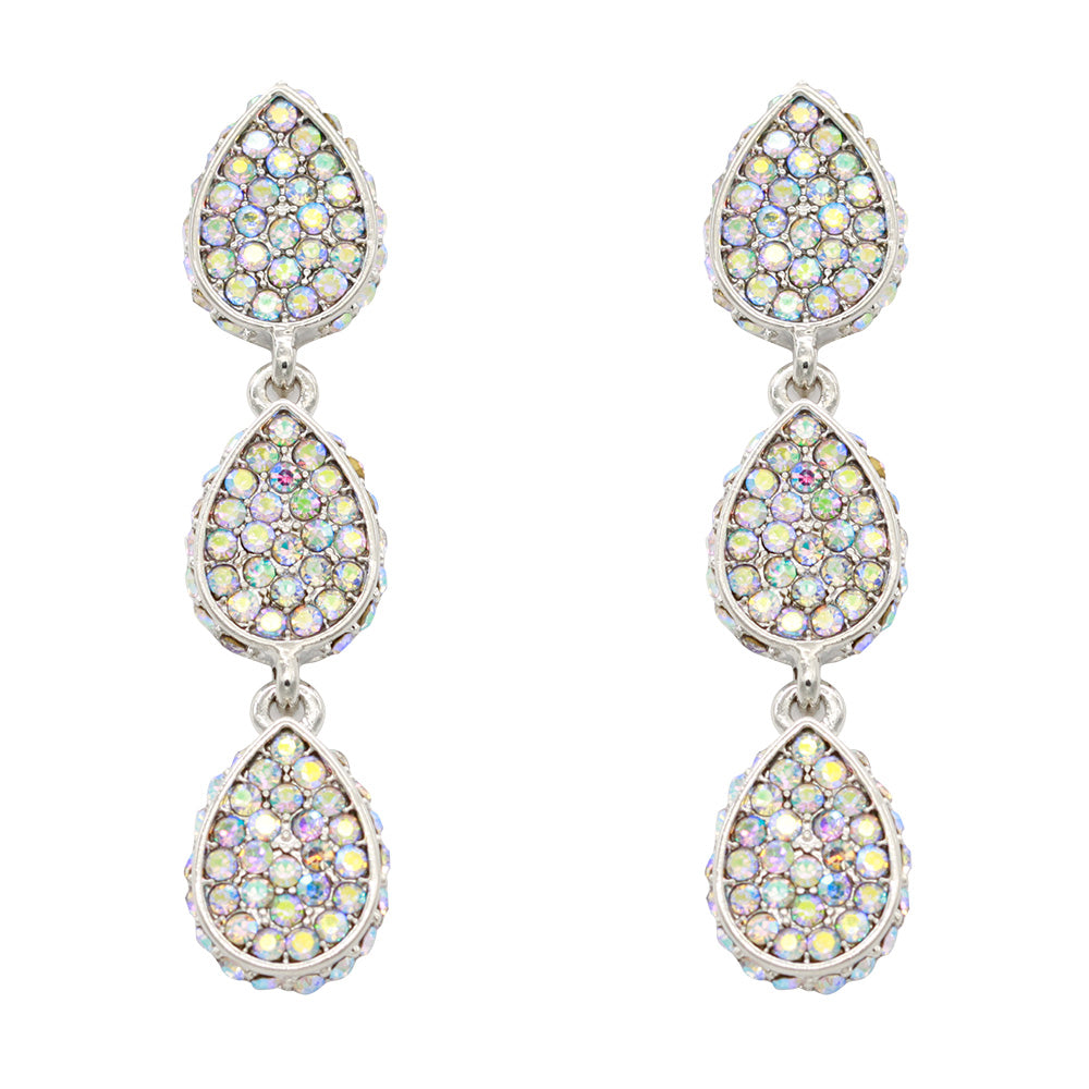 Rhodium Plated Water Drop Dangle Earring Paved with Clear AB Crystal