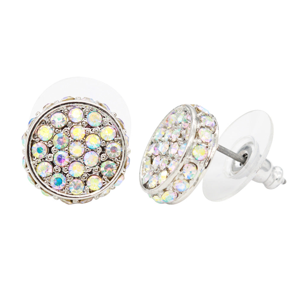 Rhodium Plated Round Stud Earring Paved with Clear AB Crystal