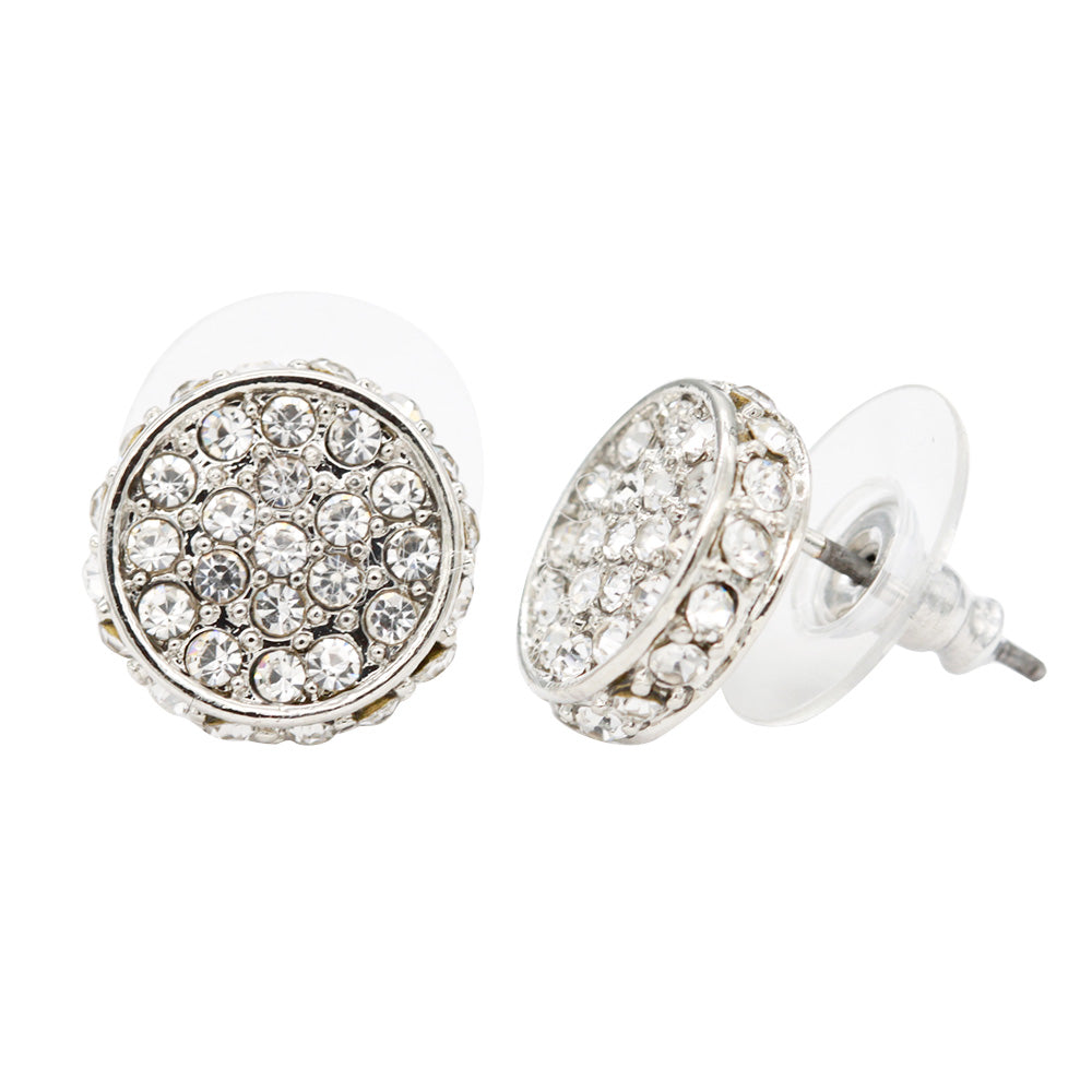 Rhodium Plated Round Stud Earring Paved with Clear Crystal