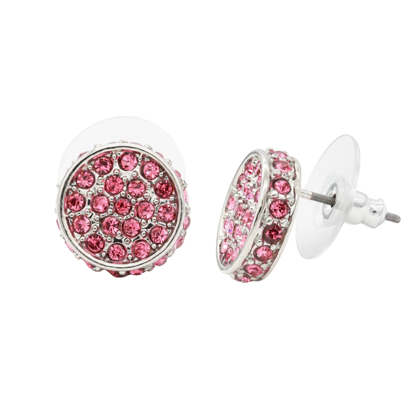 Rhodium Plated Round Stud Earring Paved with Pink Crystal